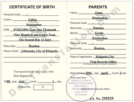 certified translation of lithuanian birth certificate for uscis
