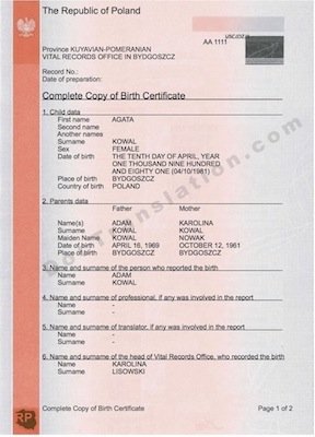 Sample of certified translation of birth certificate issued in Poland