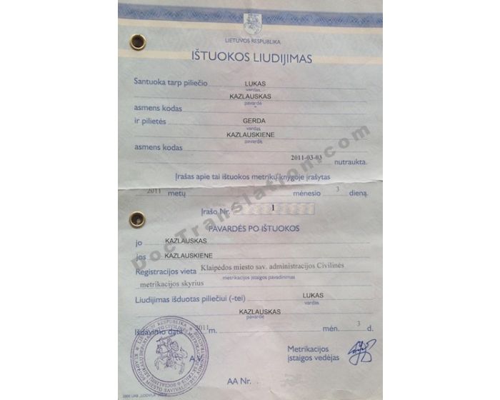 Lithuania Divorce Certificate, certified lithuanian translation services