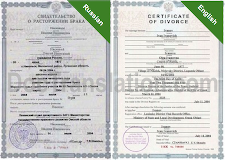 Sample of Certified Russian Translation of Divorce Certificate from Russia